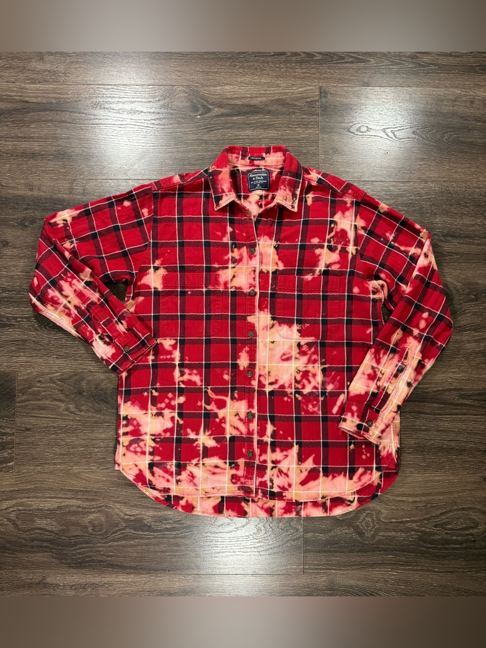 Abercrombie and Fitch Boyfriend Bleach Tie Dye Red Plaid Button-Down Shirt